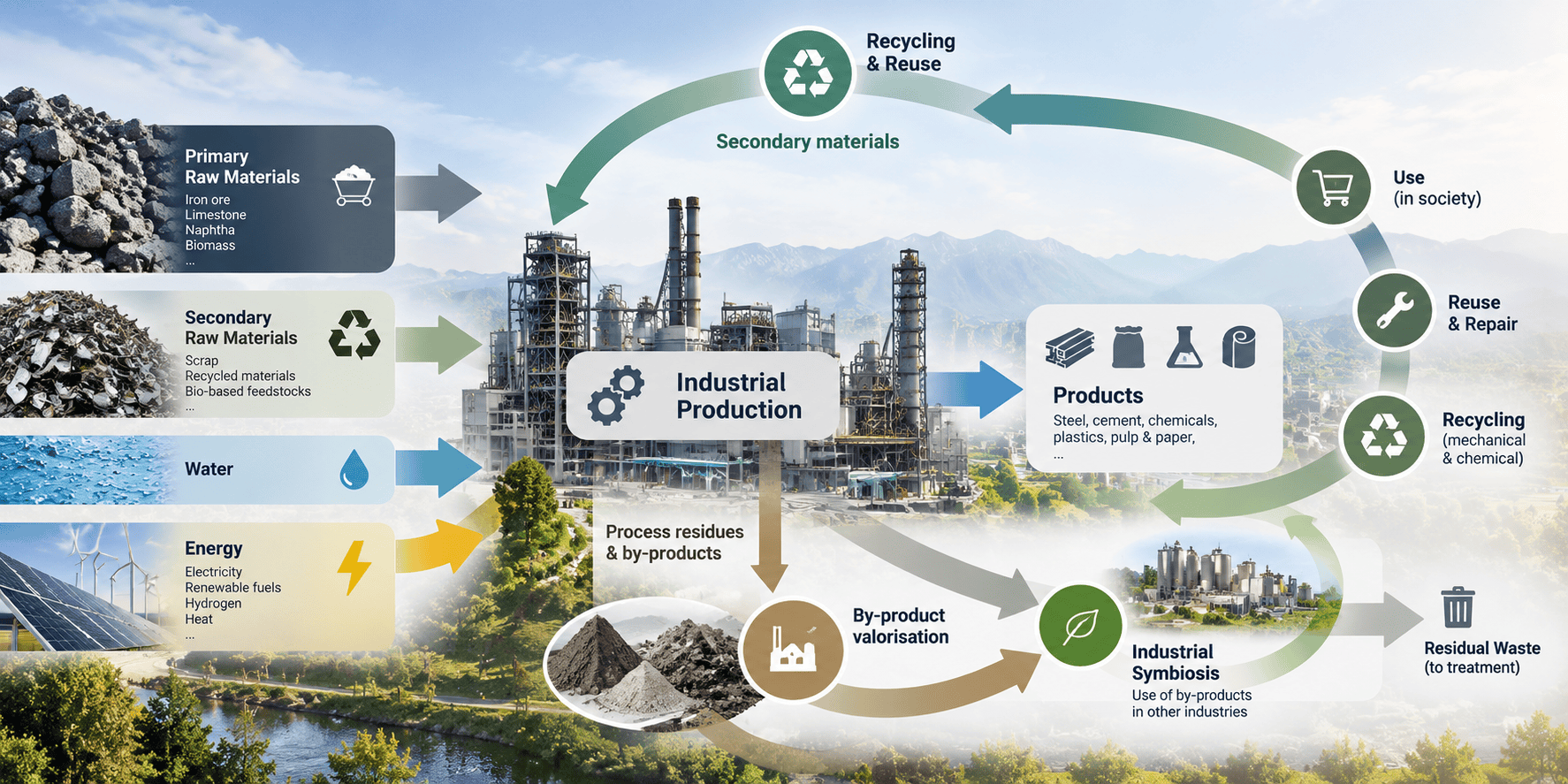 Circular economy industrial lifecycle showing resource flows, recycling, recovery and industrial reuse