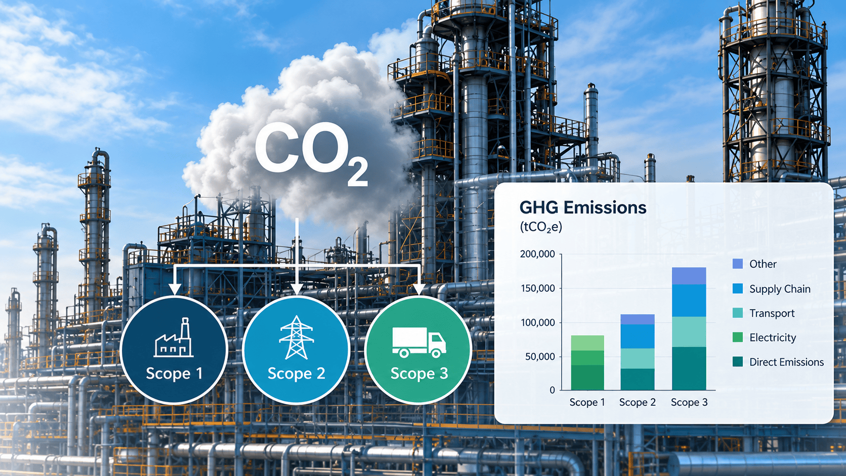 Carbon Footprint & GHG Accounting Industrial GHG emissions infographic showing Scope 1, Scope 2 and Scope 3 emissions